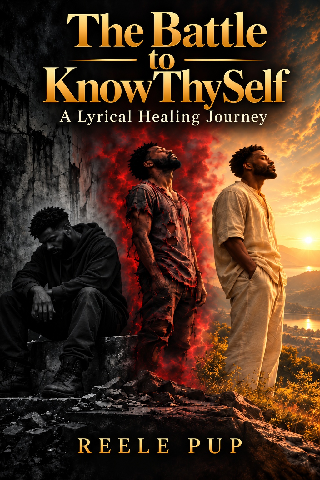 The Battle to KnowThySelf cover showing three stages of a man's journey from darkness into light